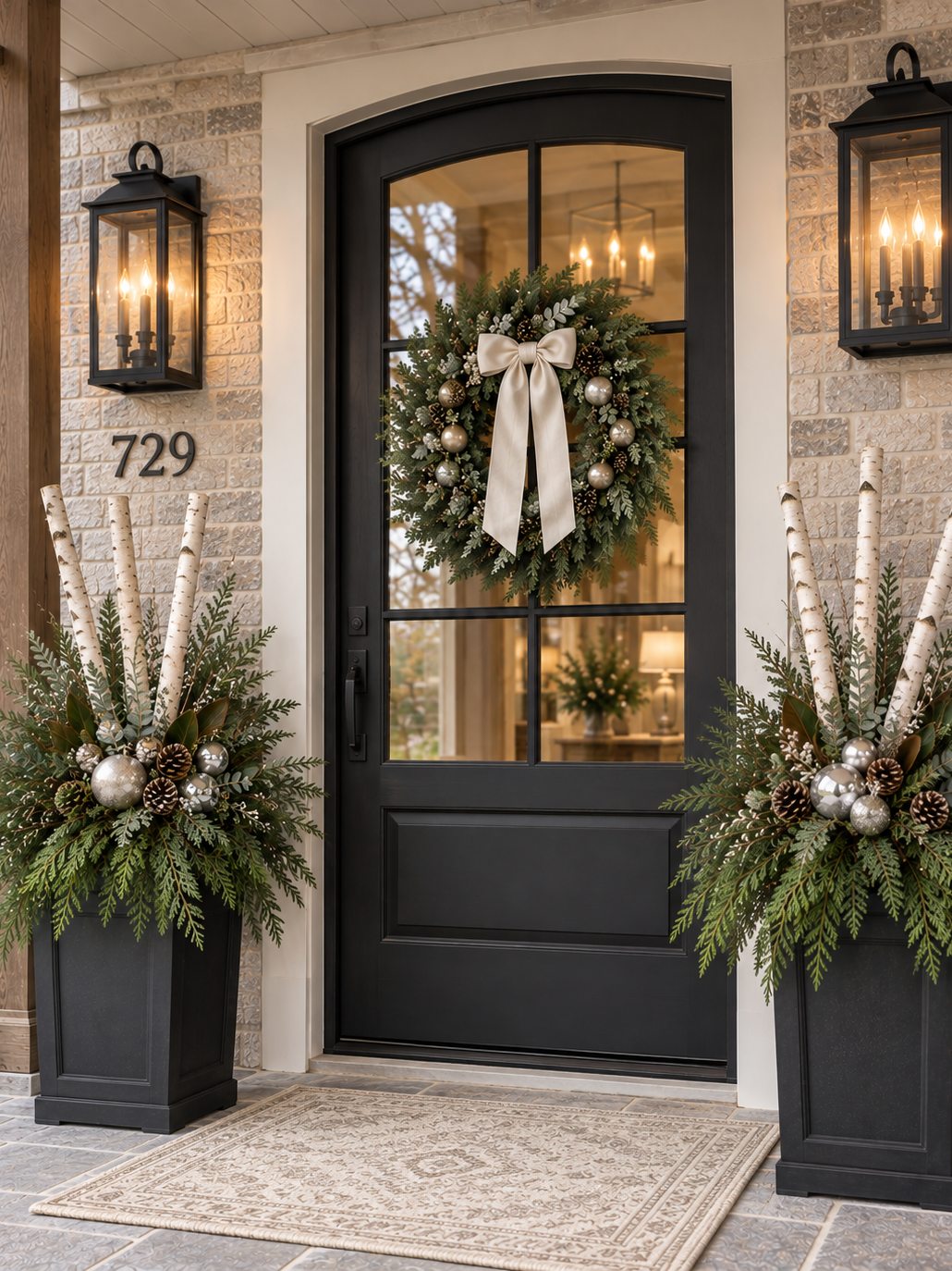 Two planters of evergreens, birch poles, and silver ornaments flanking a black front door with a white-bow wreath