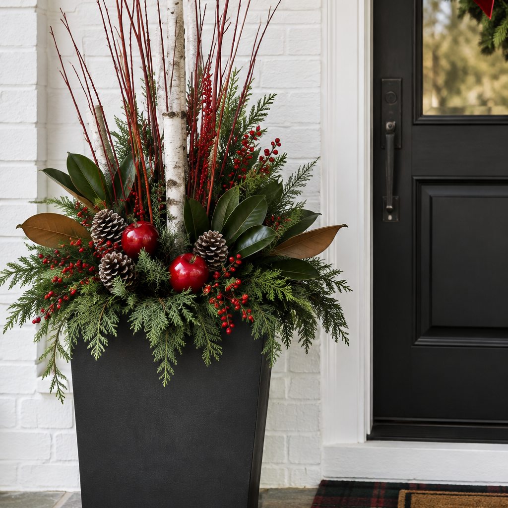 A tall black planter layered with evergreens, magnolia leaves, red berries, birch, and pine cones