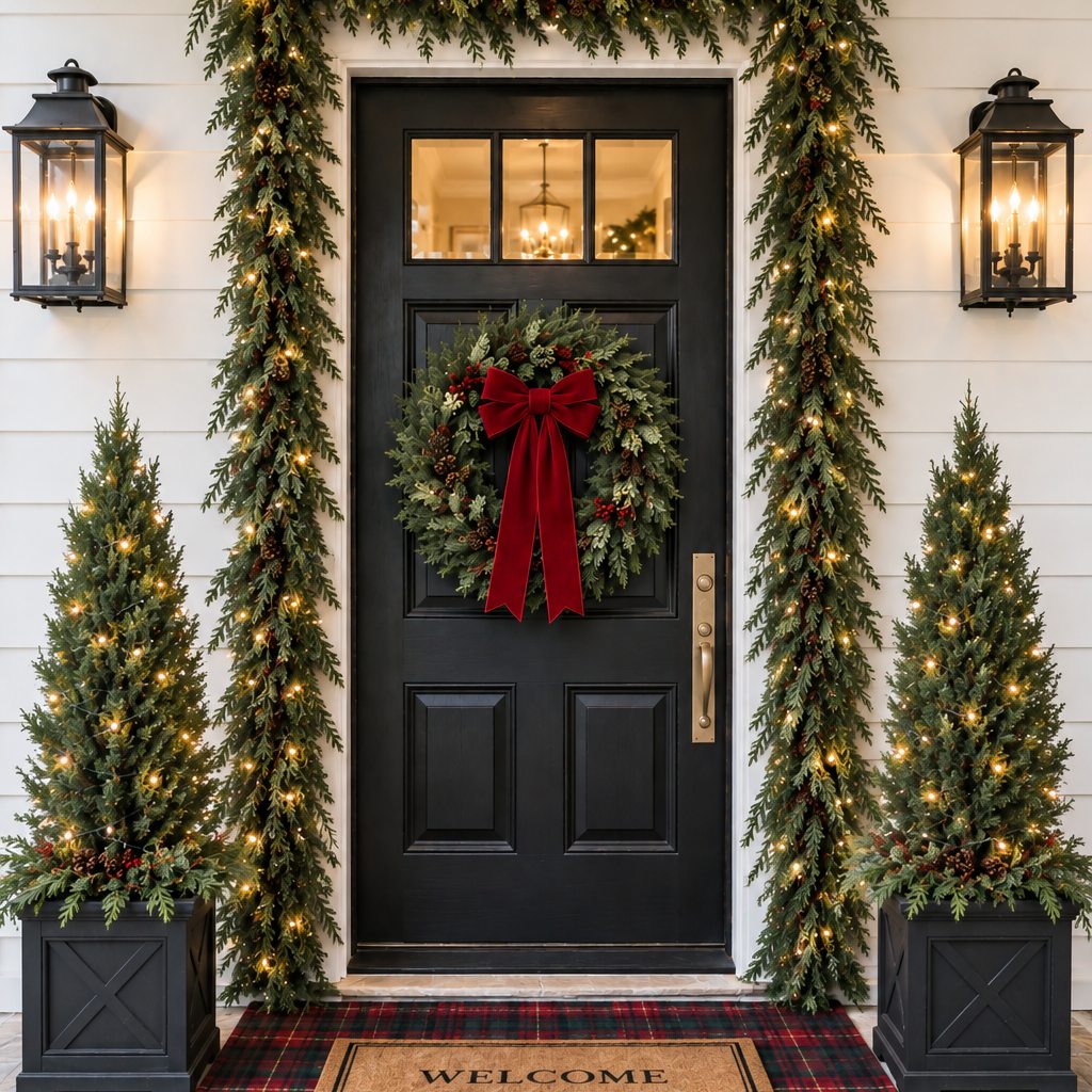 A black front door framed by lit garland, with a red-bow wreath and two topiary trees in planters