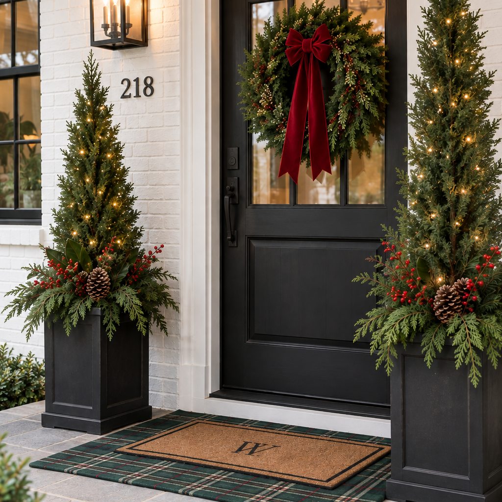A black front door with a wreath and red bow, flanked by two lit topiary trees in planters, with a plaid welcome mat