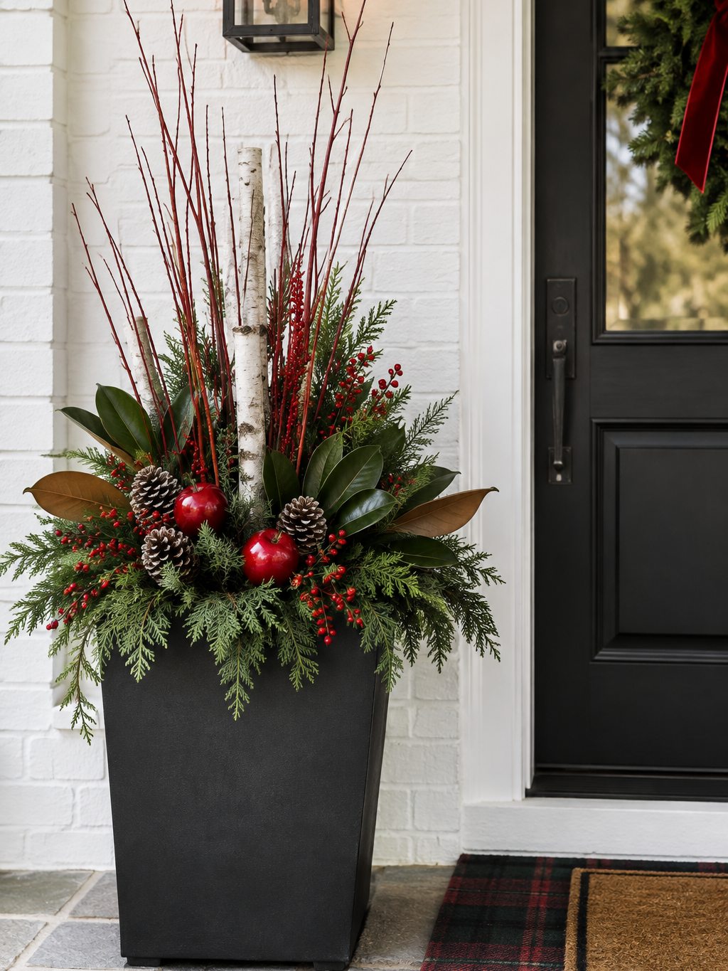 A tall black planter layered with evergreens, magnolia leaves, red berries, birch, and pine cones beside a front door