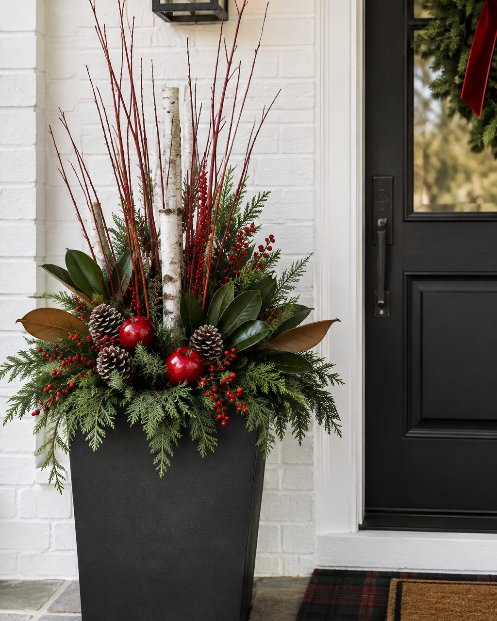 A tall black planter layered with evergreens, magnolia leaves, red berries, birch poles, and pine cones beside a front door