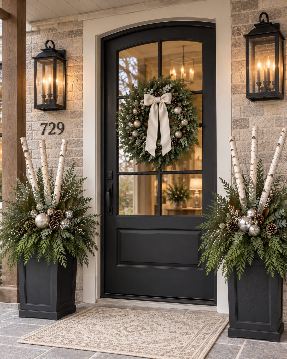 A black door with a white-bow wreath between two planters of evergreens, birch poles, and silver ornaments