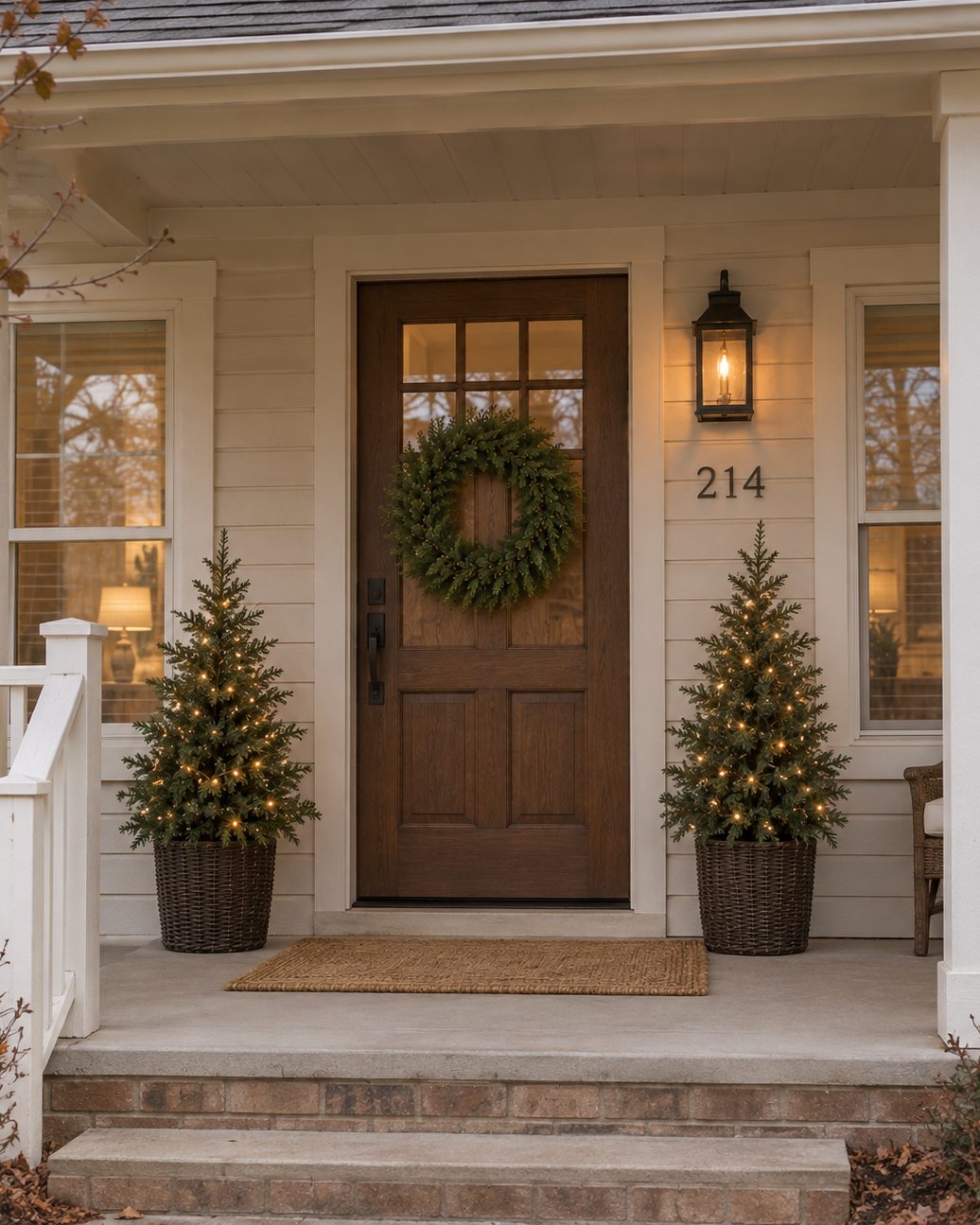 A white farmhouse porch with a wood door, a wreath, and two lit evergreens in baskets