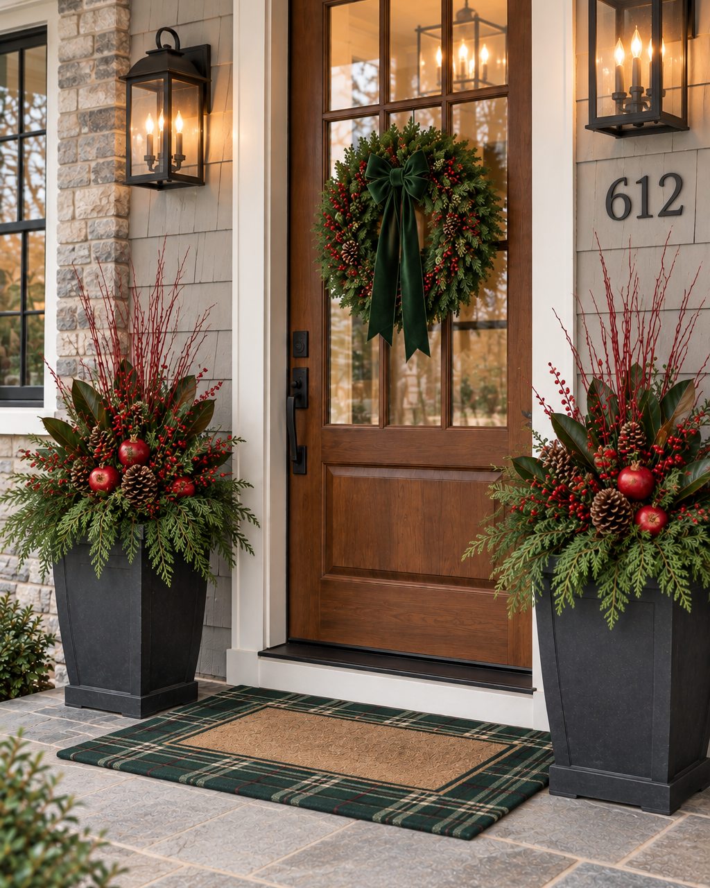 A wood front door with a wreath, lanterns, and two planters of evergreens, red berries, and pine cones