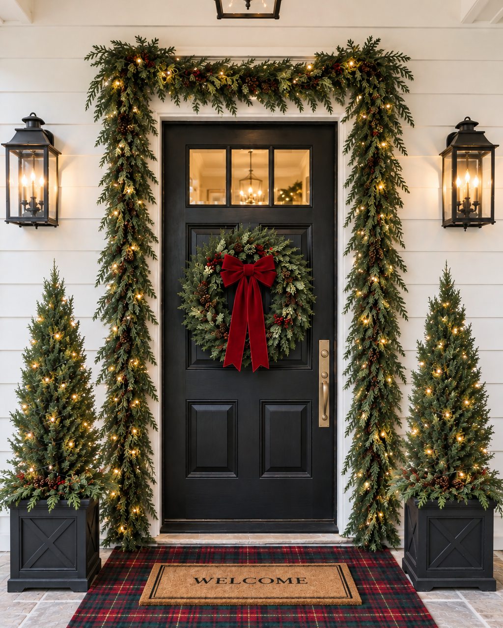 A black front door framed by lit garland, with a red-bow wreath, two topiary trees in planters, lanterns, and a welcome mat