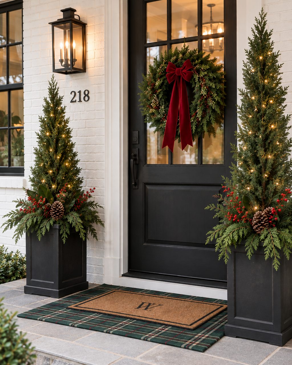 A black front door with a red-bow wreath and two lit topiary trees in planters